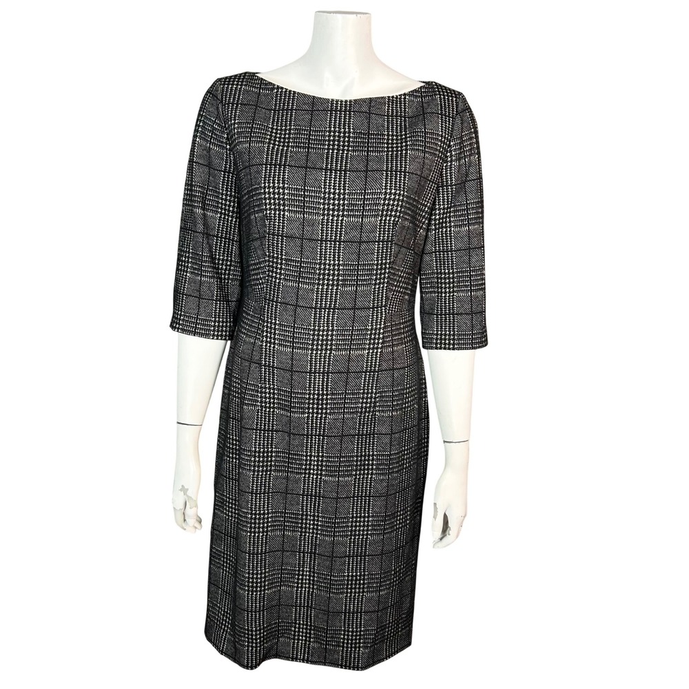 BOSS Hugo Boss Sheath Dress Size 8 Plaid Office Preppy Wool Boat Neck Corp Goth